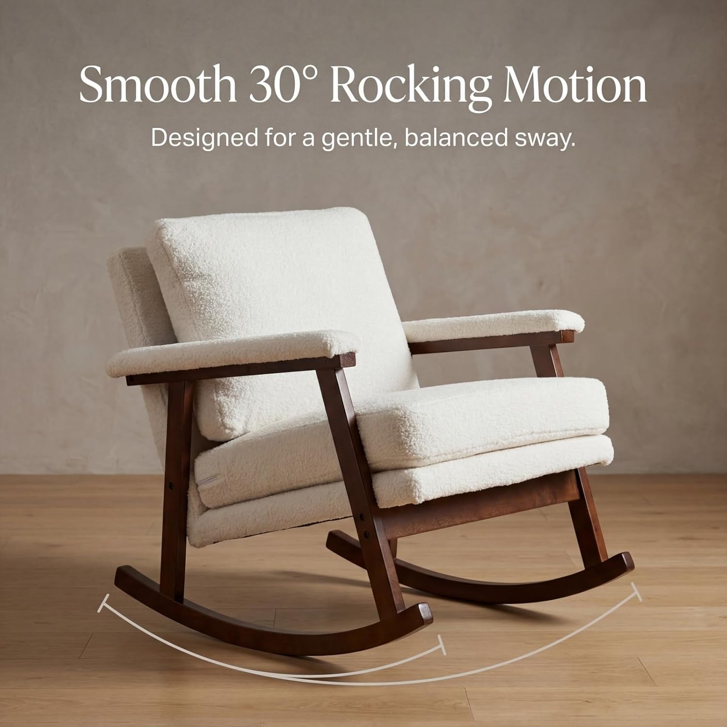 Nursery Rocking Chair, Compact Upholstered Rocker with Solid Wood Legs, Cozy Nursing Glider Chair for Mom, Small Space Chair for Nursery, Bedroom，White