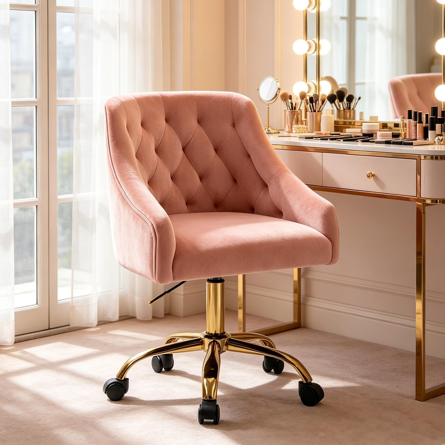MOJAY Velvet Home Office Desk Chair, Vanity Chair with Wheels Pretty Fancy Gold 360°Swivel Height Adjustable Office Chairs for Girls Home Offices, Bedrooms, Living Room (Pink)