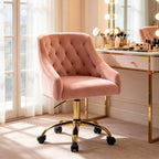 MOJAY Velvet Home Office Desk Chair, Vanity Chair with Wheels Pretty Fancy Gold 360°Swivel Height Adjustable Office Chairs for Girls Home Offices, Bedrooms, Living Room (Pink)