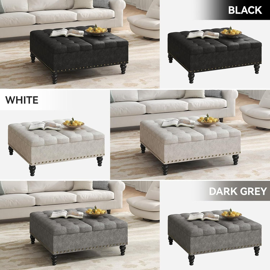35" Extra Large Storage Ottoman Coffee Table, Tufted Upholstered Coffee Table with Lift Top & Solid Wood Legs,Oversized Storage Ottoman for Living Room, Gray