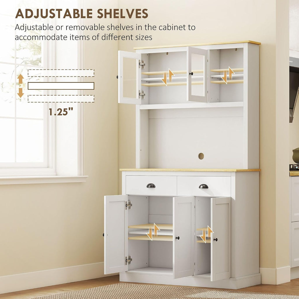 71inch Freestanding Pantry Cabinet — 39.25in Wide, White Finish with Yellow Oak Countertop, 4 Adjustable Shelves, 176lb Max Capacity