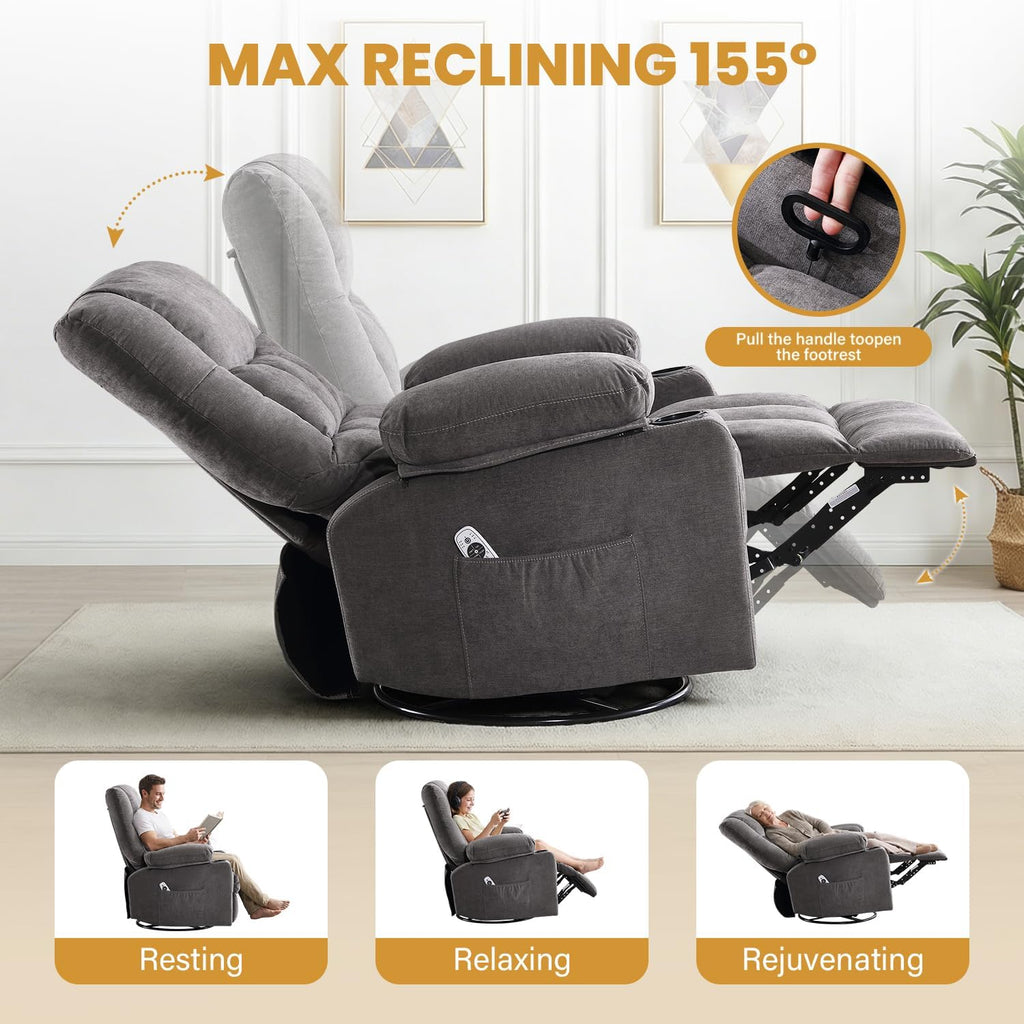 Swivel Rocker Recliner Chair with Vibration Massage and Heating Functions for Adults,Oversized Recliner Single Sofa with Side Pocket,Two Cup Holders for Living Room and Bedroom