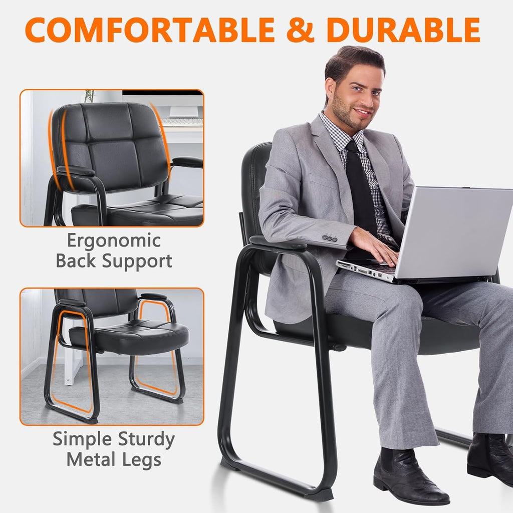 CLATINA Set of 8 Big & Tall 400 lbs Waiting Room Guest Chair, Leather Office Reception Chair No Wheels with Backrest Wide Seat and Padded Arms for Home Lobby Conference Waiting Room Office, Black