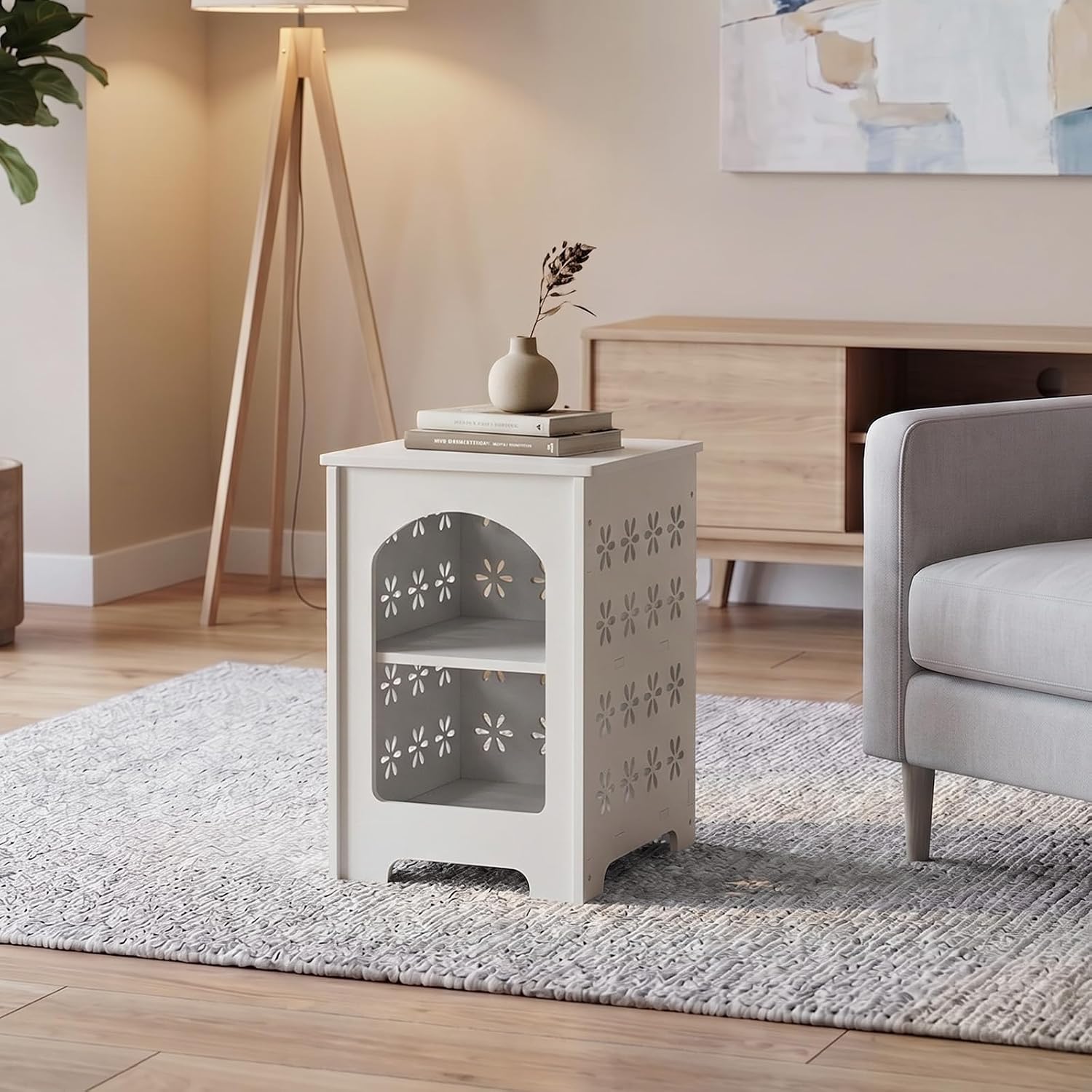 3 Tier End Table Nightstand White with Floral Design, Narrow Side Table with Storage Shelf, Small Bookshelf Bedside Table for Bedroom, Living Room, Office, Bathroom