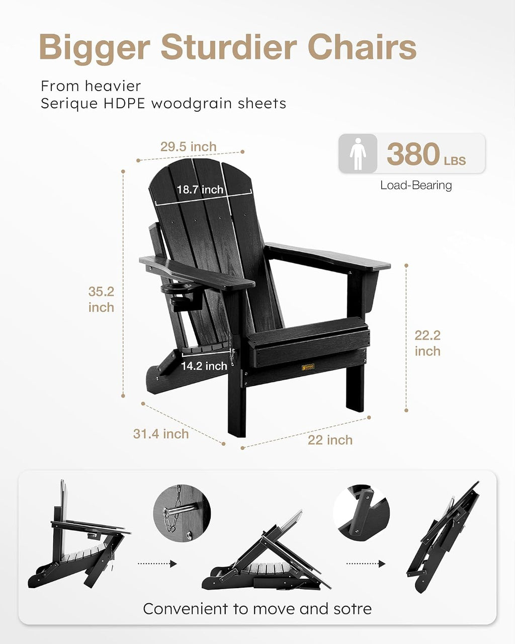 Folding Adirondack Chair Wood Texture, Patio Chairs Weather Resistant, Outdoor Chair, Lawn Chair with Cup Holder, Fire Pit Chair for Deck, Outdoor, Porch, Backyard (Black)
