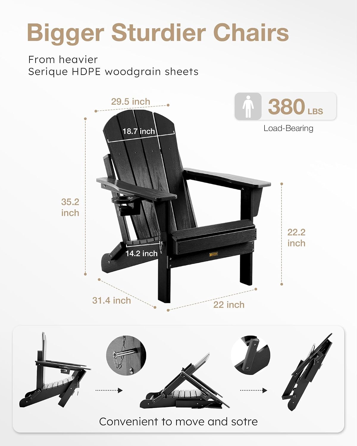 Folding Adirondack Chair Wood Texture, Patio Chairs Weather Resistant, Outdoor Chair, Lawn Chair with Cup Holder, Fire Pit Chair for Deck, Outdoor, Porch, Backyard (Black)