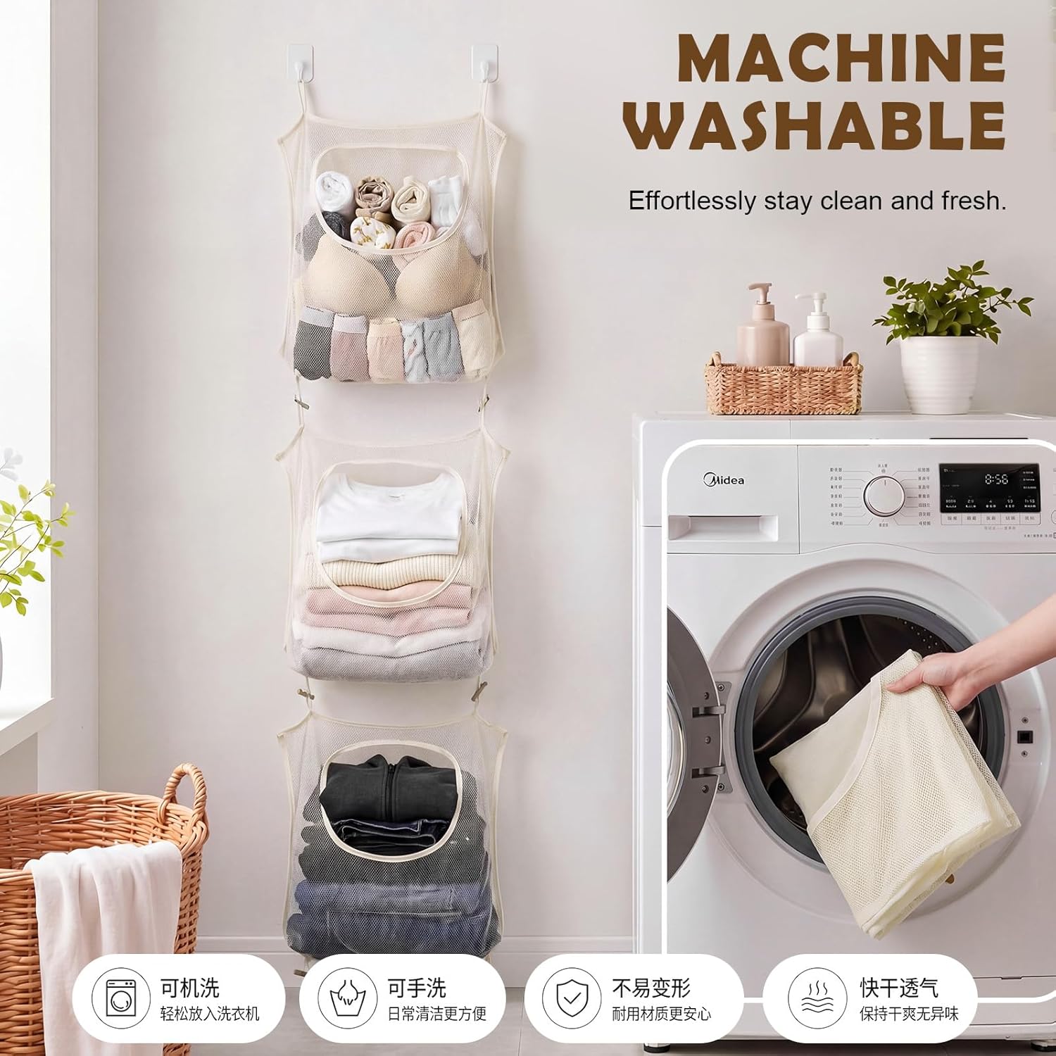 Tranqun 3 Pcs over the Door Hanging Laundry Hamper 65 x 19.7 Inches Mesh Laundry Hamper Bag Behind the Door Dirty Clothes Organizer with Hooks for Bathroom Camper Apartment College Dorm Room