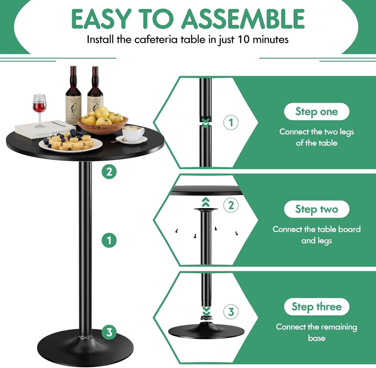 Shahoo Round Bar Table, Cocktail Tables with Metal Base & MDF Top, for Bistro Pub, Cafe, Dark Black