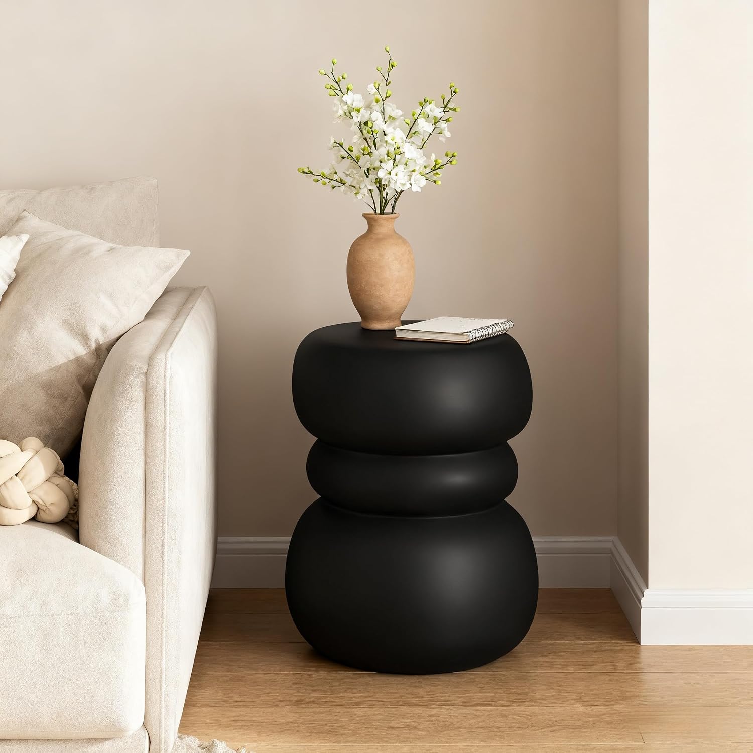 Black Concrete Side Table Unique Sculptural End Table, 19” Tall Handmade Cement Accent Table, Curved Drum Pedestal End Table for Living Room, Bedroom, or Covered Patio