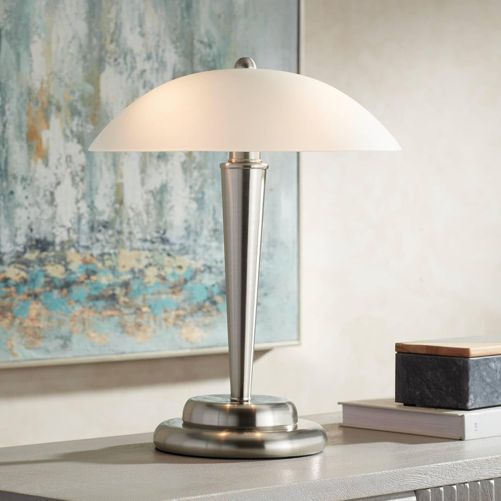 360 Lighting Deco Dome Modern Desk Table Lamp 17" High Touch On Off Brushed Nickel White Frosted Glass Shade for Living Room Bedroom House Bedside Nightstand Home Office Reading Family