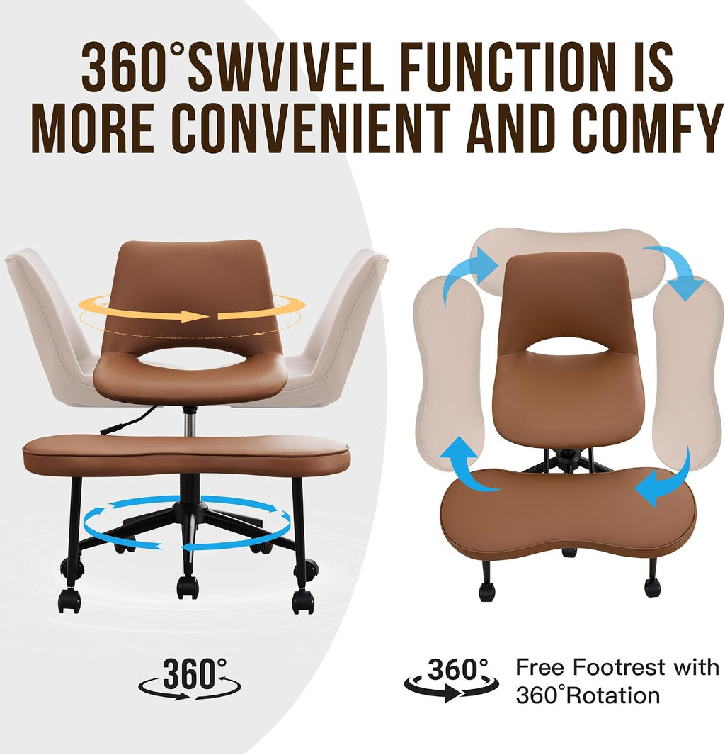 Ergonomic Cross Legged Office Chair with High Lumbar Support - Adjustable Height Kneeling Desk Chairs for Meditation, ADHD & Yoga - Wide Criss Cross Chair with Wheels, Brown