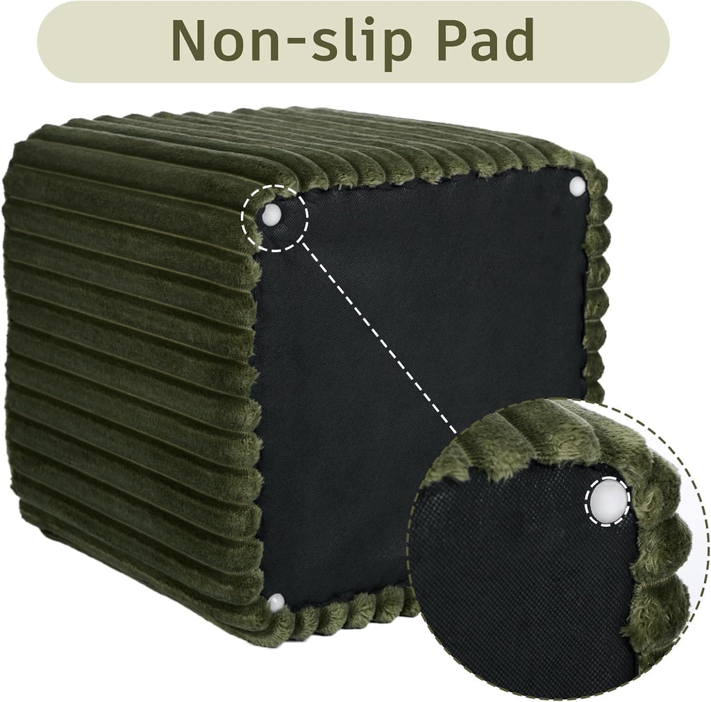 YDcosyfy Modern Square Ottoman, Vertical Channel Tufted Foot Stool Ottoman, Velvet Upholstered Vanity Stool for Makeup, Bedroom, Living Room, Dark Green