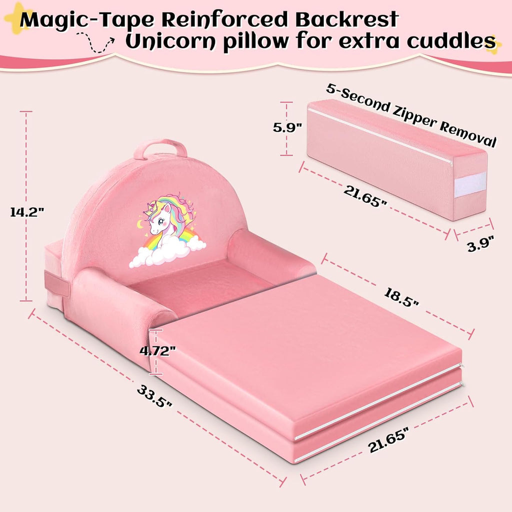 Unicorn Kids Sofa Bed with Removable Washable Cover & Hook and Loop Backrest – Foldable Toddler Chair, Cozy Crystal Velvet Furniture for Playtime, Naps & Travel (Pink, Unicorn Design)