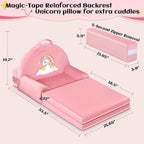 Unicorn Kids Sofa Bed with Removable Washable Cover & Hook and Loop Backrest – Foldable Toddler Chair, Cozy Crystal Velvet Furniture for Playtime, Naps & Travel (Pink, Unicorn Design)
