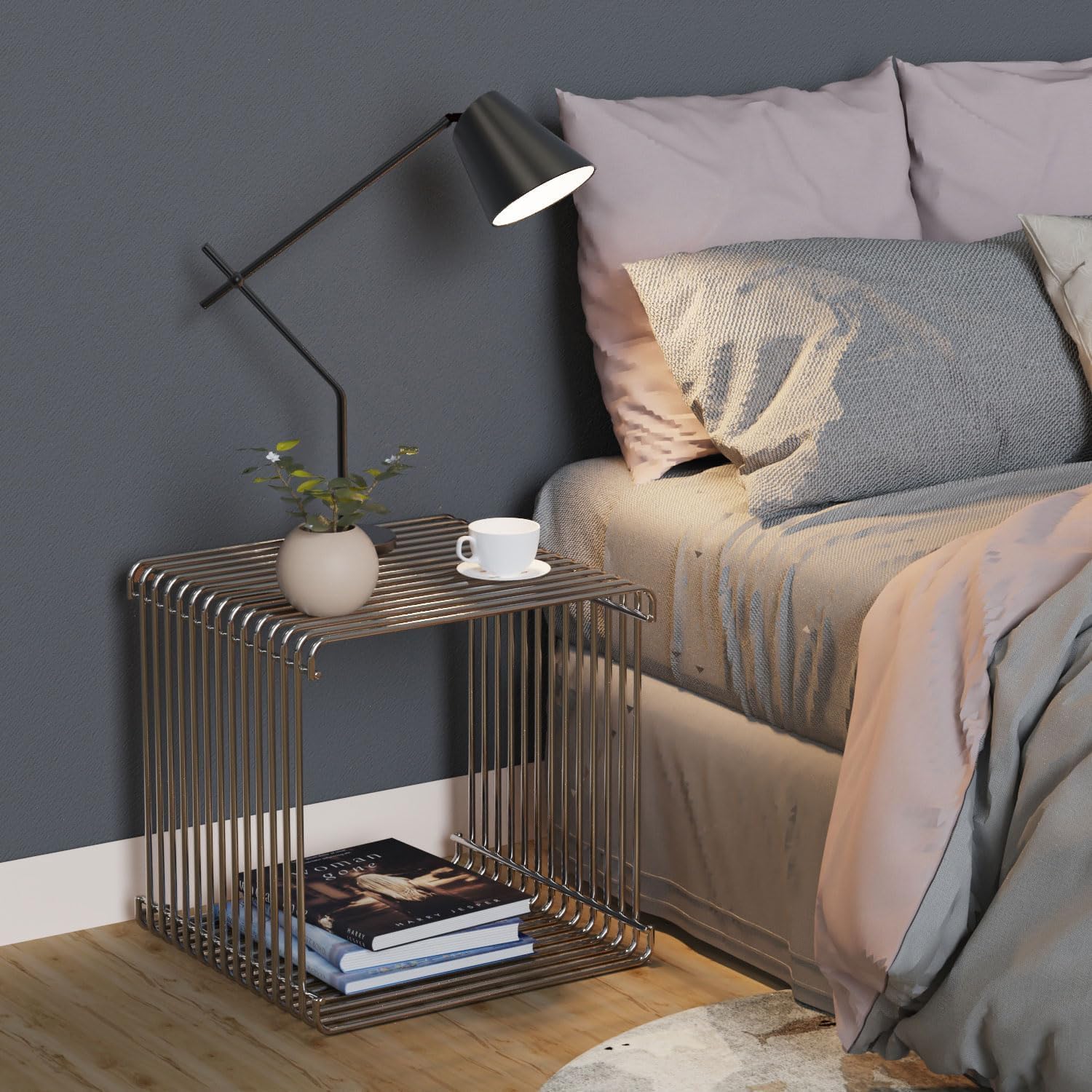 Chrome Side Table, Metal Stainless Steel Side Table with Mirror Finish for Living Room Bedroom, Small Space-Saving Nightstand with Storage Shelf, Square Accent Table for Couch Office