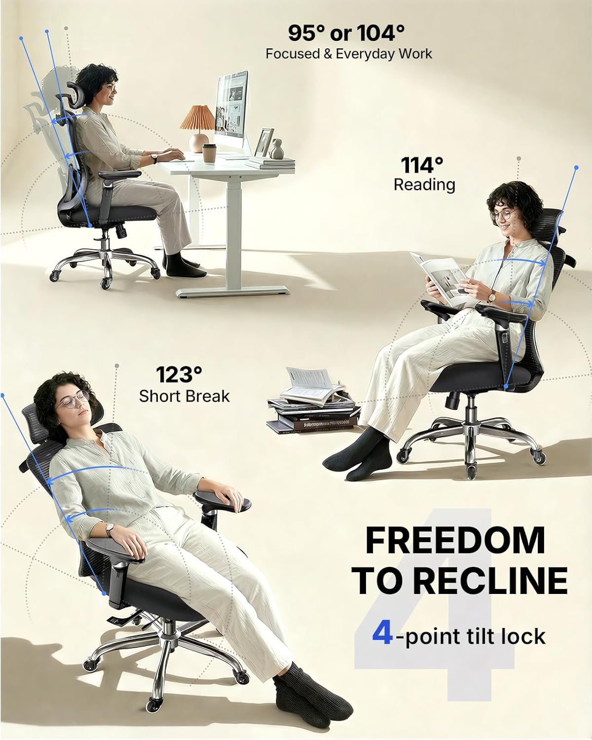 HUANUO Ergonomic Office Chair with 6D Armrest, Seat Depth Adjustment, Lumbar Support, Quiet Rubber Caster, High Back Mesh Gaming Chair with 3D Headrest, Big and Tall Desk Chair for Home Office, Black