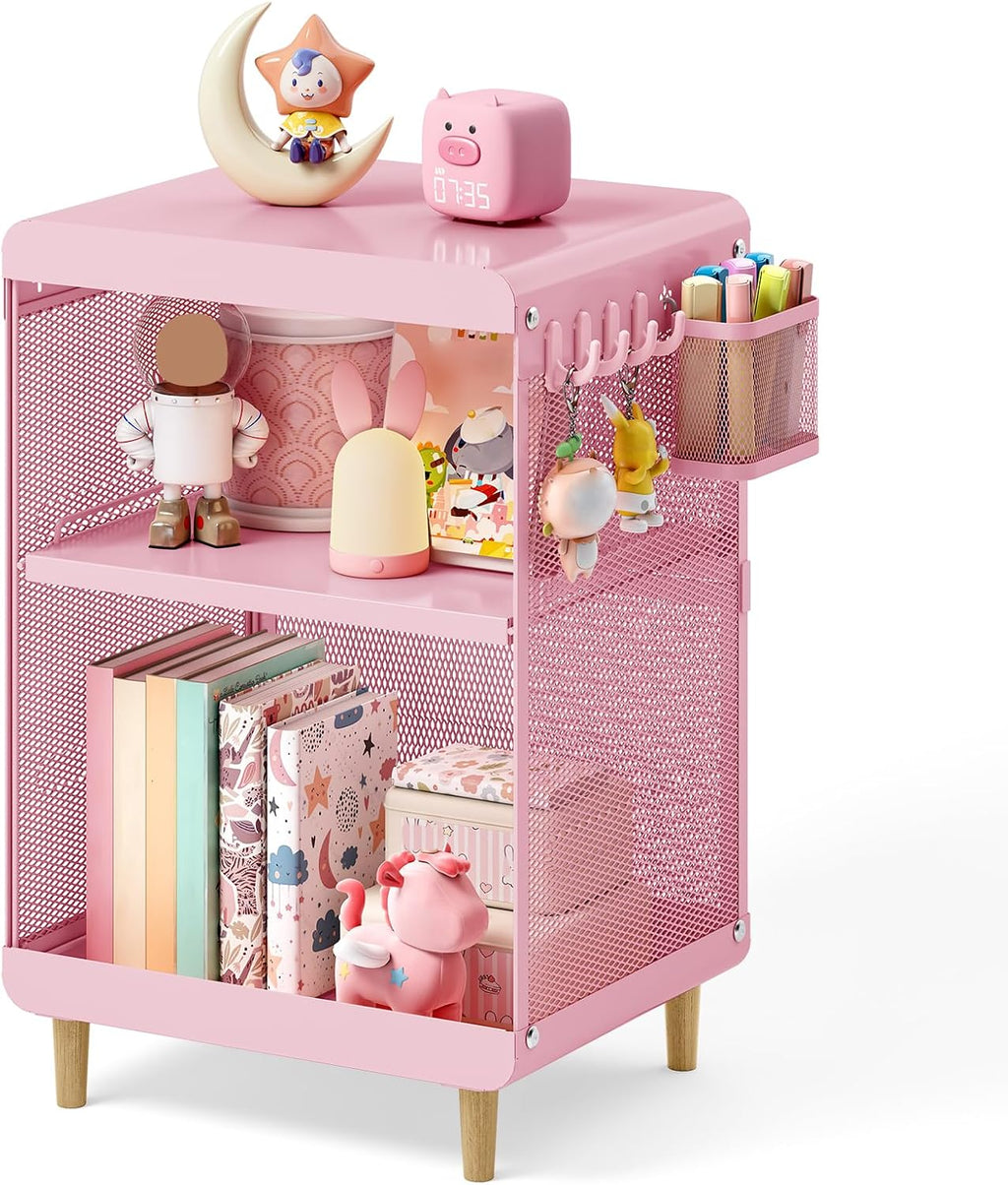 SYKIARIOL Kids Nightstand for Girls, 3-Tier Storage Shelf, Pink | Metal Bedside Table with 4 Hooks & Hanging Basket, Toddler Night Stand for Bedroom