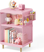SYKIARIOL Kids Nightstand for Girls, 3-Tier Storage Shelf, Pink | Metal Bedside Table with 4 Hooks & Hanging Basket, Toddler Night Stand for Bedroom