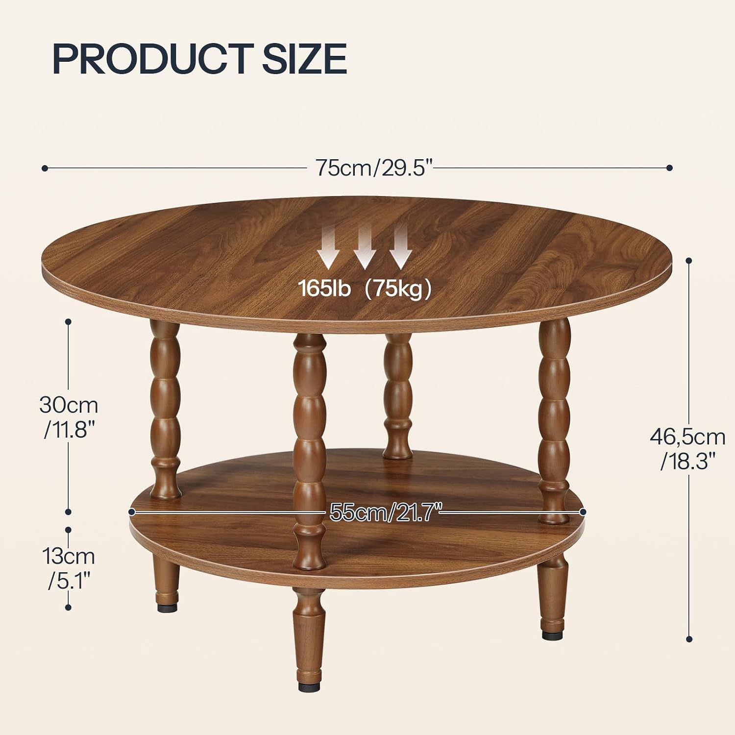 HOOBRO Coffee Table, 2-Tier Round Coffee Table, Coffee Table for Living Room, Center Table with 2-Tier Open Storage Shelf, Home Office, Walnut WL75KF01