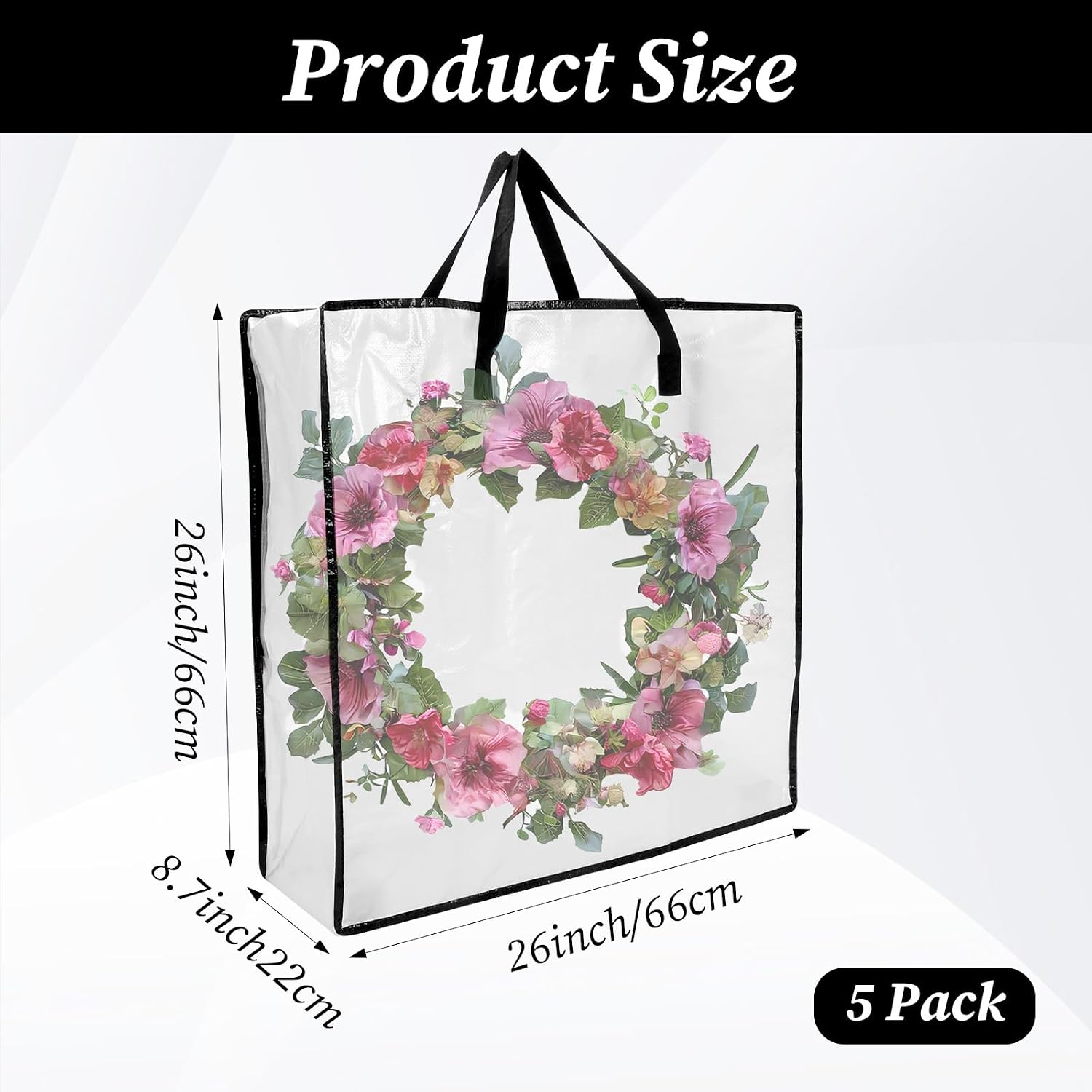 5 Pack Moving Bags, Wreath Storage Bag, Garland Container, Clear Storage Bags with Handles and Zippers Moving Bag for College Carrying, Bedding, Gift Organizer, Under the Bed Storages