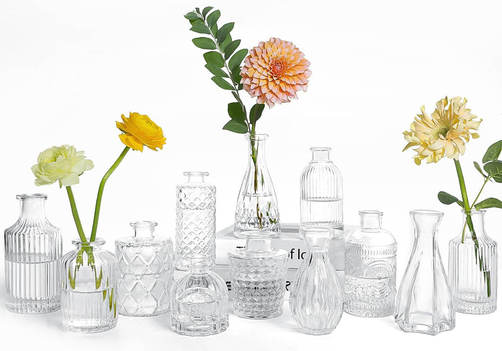 UPBUD Clear Glass Bud Vases Set of 12, Mini Flower Vase for Centerpieces, Small Vases in Bulk for Wedding Decorations, Vintage Vase for Baby Shower, Party, Recepetion, Home Table Décor