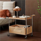 Rolling Rattan Side Table with Wheels - 2-Layer Storage Coffee Table & End Table for Living Room - Stylish Wood & Rattan Design, Space-Saving Solution