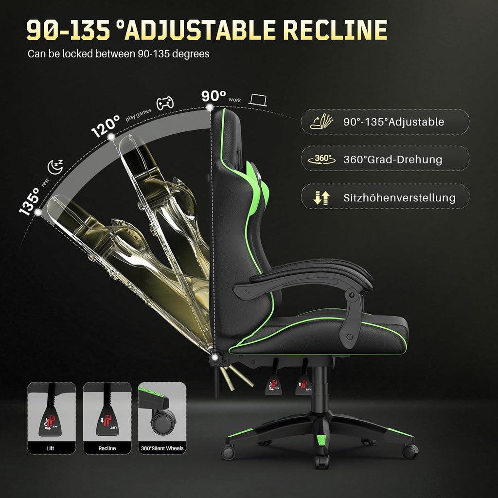 Bigzzia Gaming Chair, Ergonomic Video Game Chairs with Pillow and Lumbar Support, Racing Style Height Adjustable Computer Chair with 360°-Swivel Seat for Adults and Kids（Green）