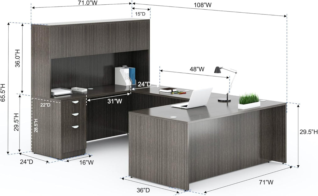Boss Office Products 71 Inch Executive U-Shape Desk with File Storage Pedestal and 4 Door Hutch, Driftwood