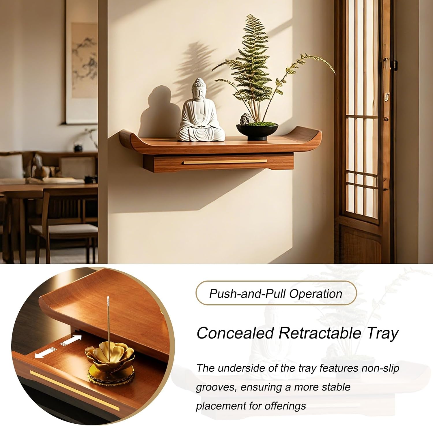 Wall-Mounted Buddha Statue Stand, Floating Buddhist Shrine with Hidden Retractable Drawer, for Meditation, Home Worship & Spiritual Display(Brown,38cm/15in)
