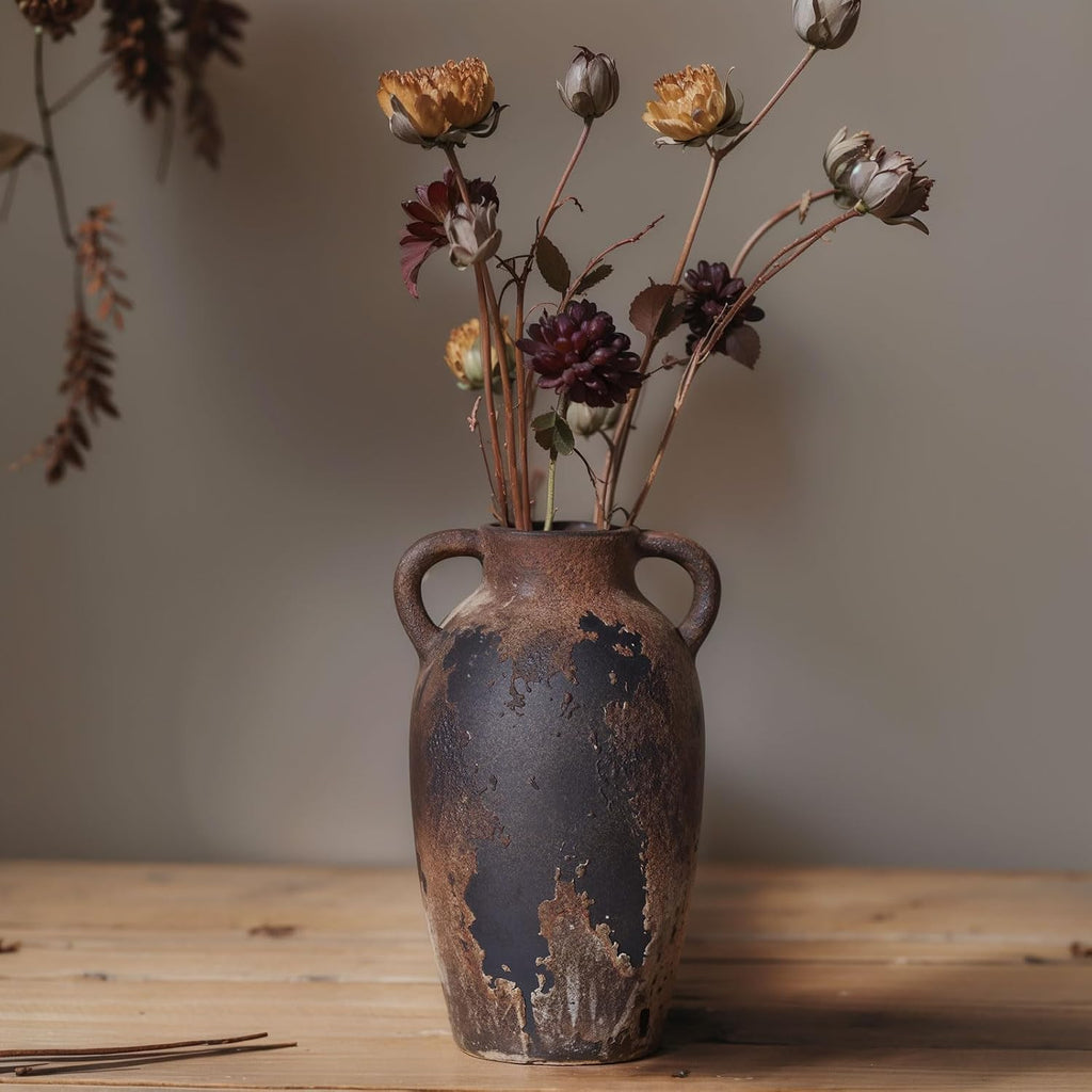 Rustic Ceramic Vase with Handles - 8.7 Inch Terracotta Wabi Sabi Decorative Flower Vase for Home Decor, Farmhouse Vintage Pottery Centerpiece for Table, Shelf Decor, Living Room or Entryway Decorative