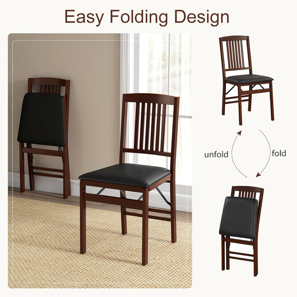 POWERSTONE Folding Dining Chairs Set of 4, Space Saving Foldable Kitchen Chairs with Padded Seat, Slatted Backrest, Solid Wood Frame, No Assembly for Dining Room Apartment Small Spaces