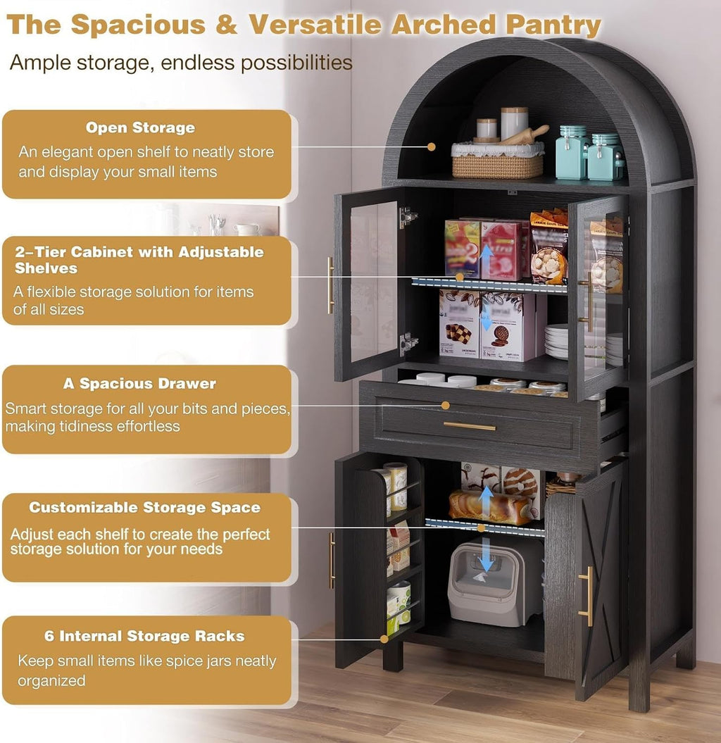 71" Kitchen Pantry Cabinet with Glass Doors and Barn Door, Farmhouse Storage Cabinet with Adjustable Shelves, Arched Design Buffet Hutch for Kitchen, Dining Room