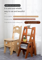 Wooden Folding Library Ladder Chair, 4-Storey Portable Multi-Function Step Stool, Indoor and Outdoor Display Rack Flower Rack (Walnut)