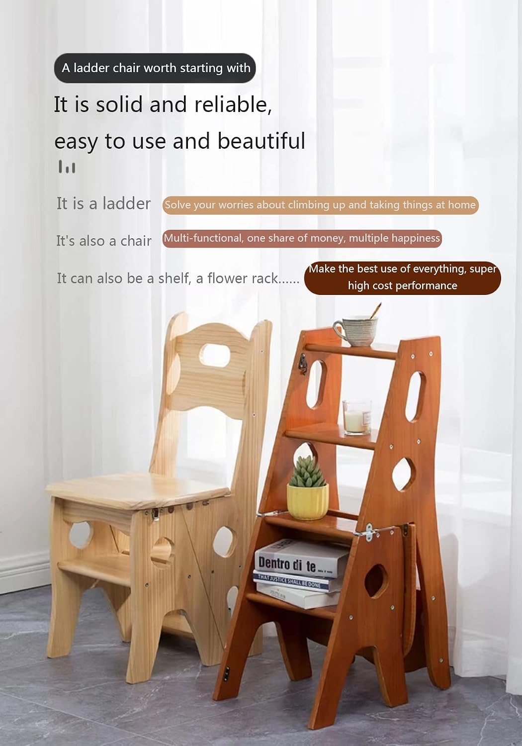 Wooden Folding Library Ladder Chair, 4-Storey Portable Multi-Function Step Stool, Indoor and Outdoor Display Rack Flower Rack (Walnut)