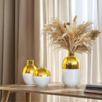 White and Gold Ceramic Flower Vase Set of 3,Glossy Gold Modern Round Decorative Vases for Pampas Grass Home Decor,Bedroom,Office,Living Room,Bookshelf,Wedding,Bathroom Table Centerpiece (White)
