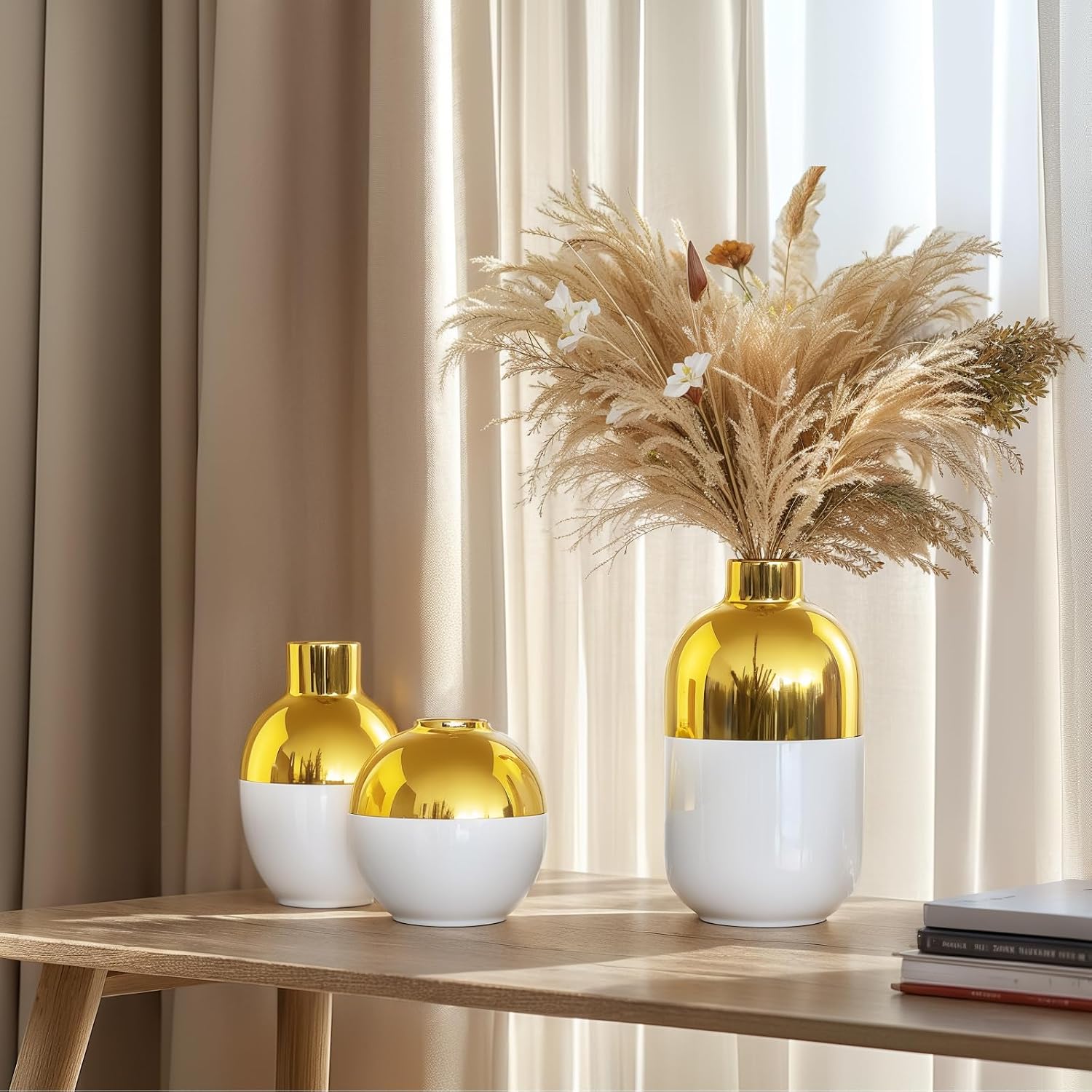 White and Gold Ceramic Flower Vase Set of 3,Glossy Gold Modern Round Decorative Vases for Pampas Grass Home Decor,Bedroom,Office,Living Room,Bookshelf,Wedding,Bathroom Table Centerpiece (White)