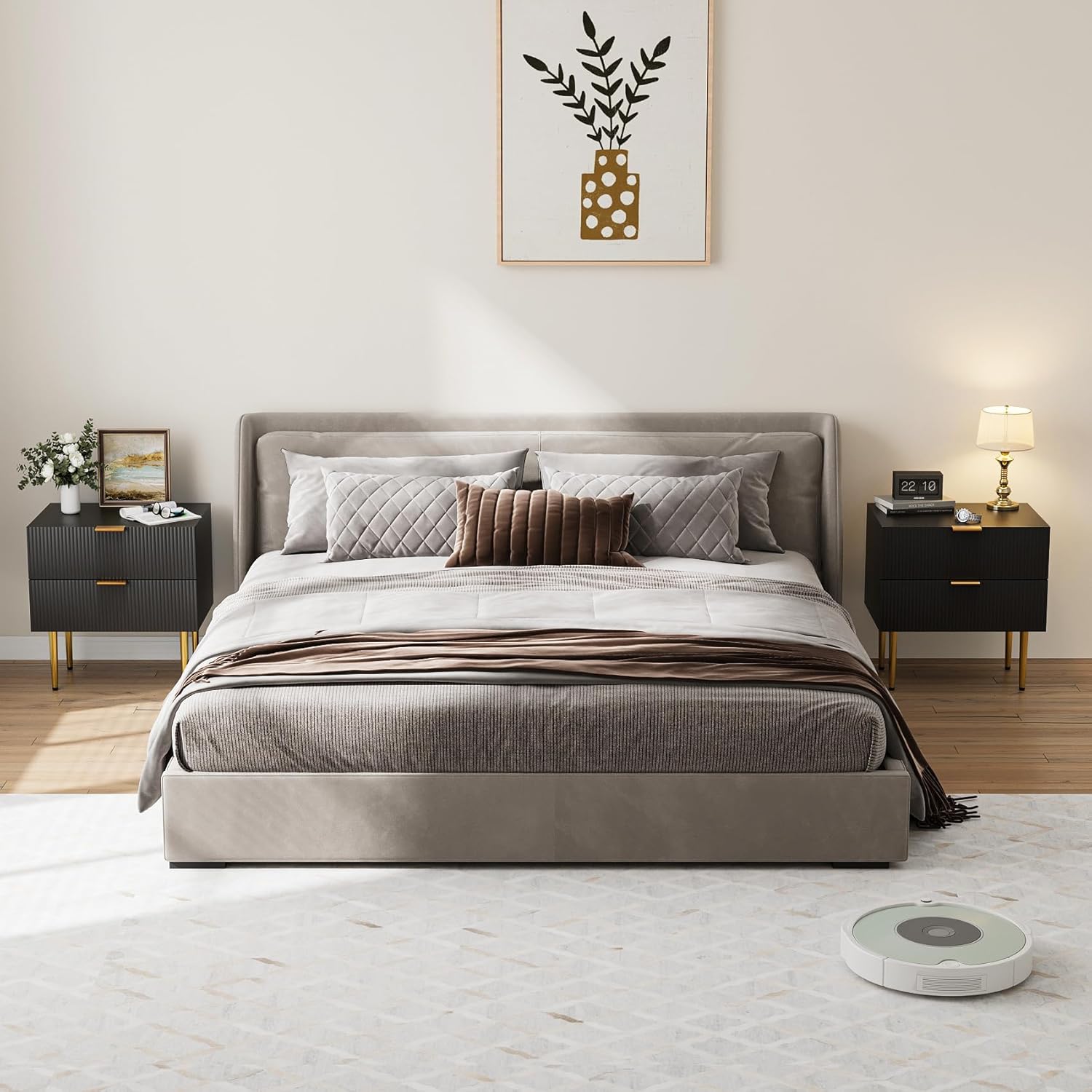 Modern Fluted Nightstand, Black Night Stand with Golden Handles and Metal Legs, Wooden Bedside Table with 2 Drawers for Bedroom Living Room
