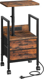 Height Adjustable Side Table with Swivel Tabletop, End Table with Charging Station, Bedside Table with Fabric Drawers and Wheels, Nightstand for Living Room, Bedroom, Rustic Brown and Black TBZ21UBF