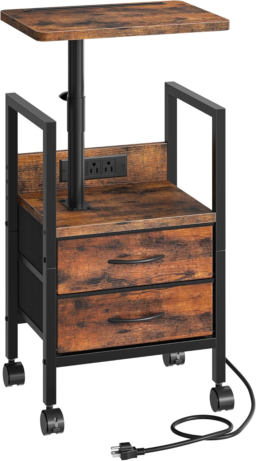 Height Adjustable Side Table with Swivel Tabletop, End Table with Charging Station, Bedside Table with Fabric Drawers and Wheels, Nightstand for Living Room, Bedroom, Rustic Brown and Black TBZ21UBF