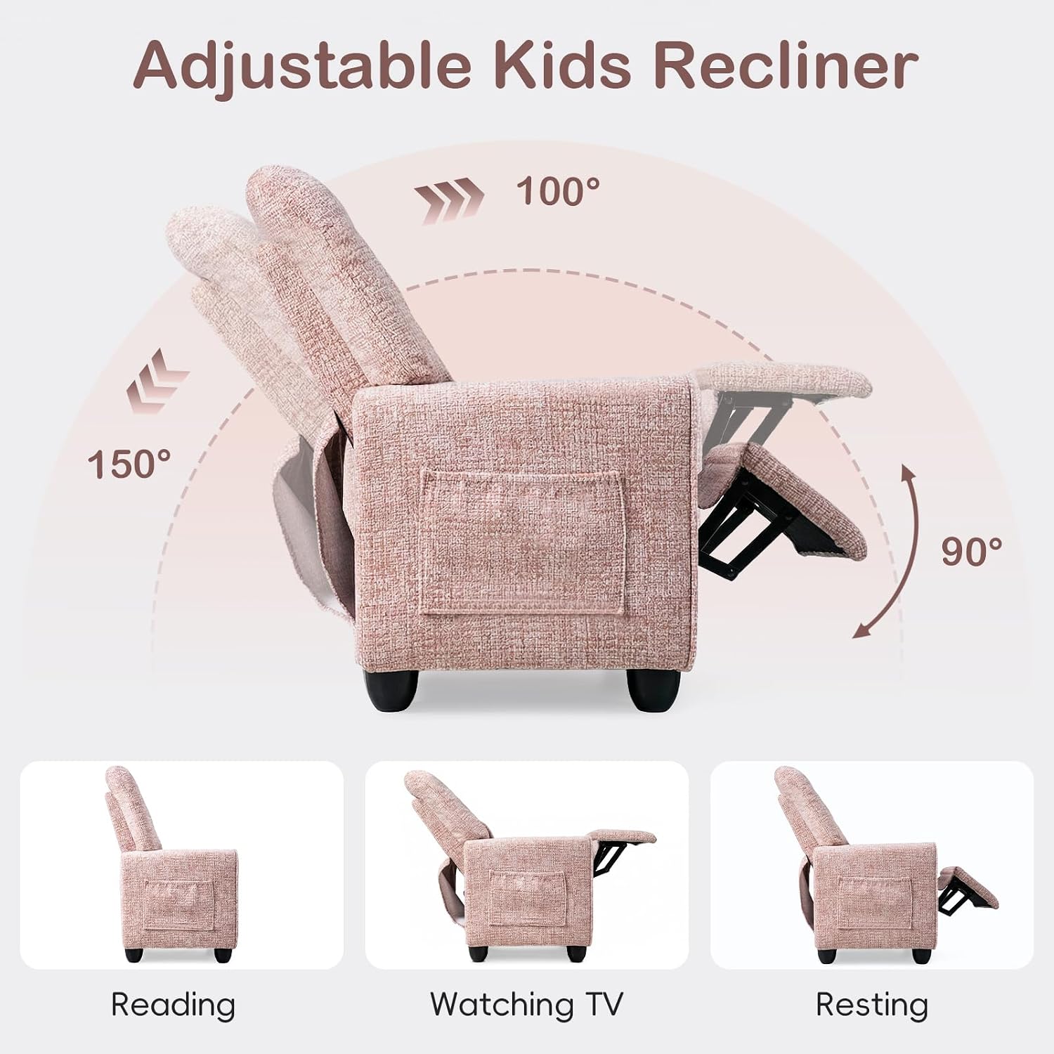 INFANS Kids Recliner, Toddler Lounge Chair with Adjustable Backrest Footrest Cup Holder Side Pockets, Velvet Leather Toddler Couch