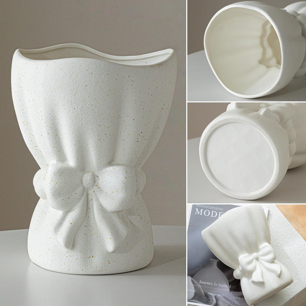 Lvases Bow Knot White Ceramic Decorative Flower Vase for Home Decor | Textured Frosted Speckled White Minimalist Vases for Bedroom Living Room Table Centerpiece Matches Fresh & Dried Flowers