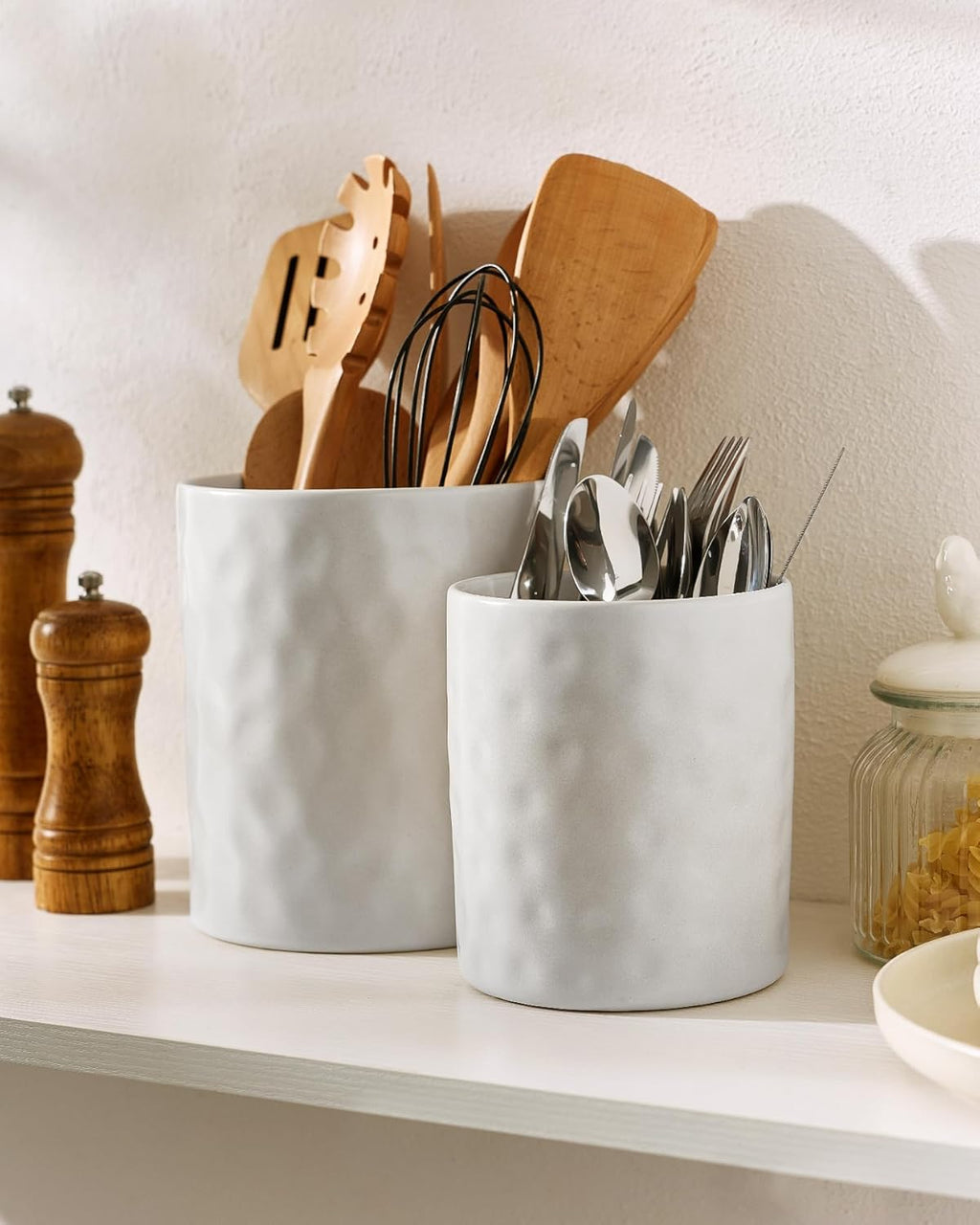 famiware Ocean Utensil Holder, 7.2"+5.8" Ceramic Kitchen Utensil Holder for Countertop, Cooking Utensil Crocks, Utensil Organizer for Spatula & Spoon, Kitchen Decor, Set of 2, Matte White