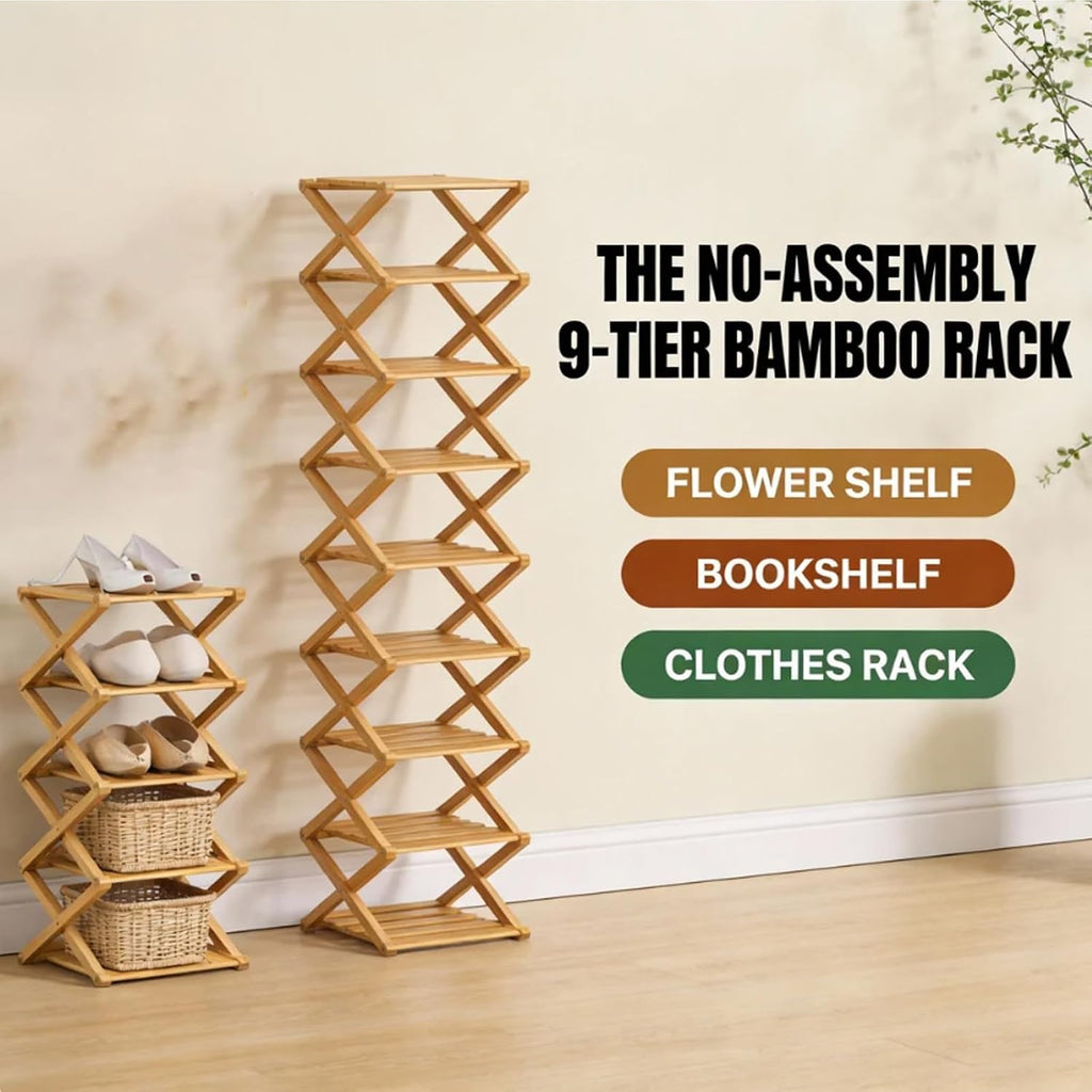 Foldable Shoe Rack, 9-Tier Bamboo Vertical Shoe Organizer, Narrow Space-Saving Shelf, No-Tools Assembly, Expandable Storage for Closet, Entryway, Corner, Bedroom (Brown, 6 Tire)