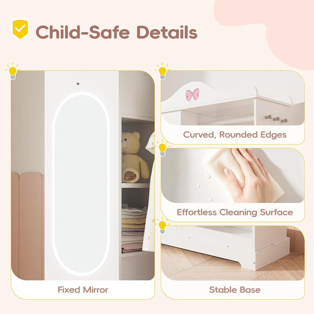 Kids Armoire with Jewelry Cabinet, Kids Dress Up Storage wth Shelves, Girls Wardrode Costume Organizer with Mirror, Children Closet with Armoire (White)