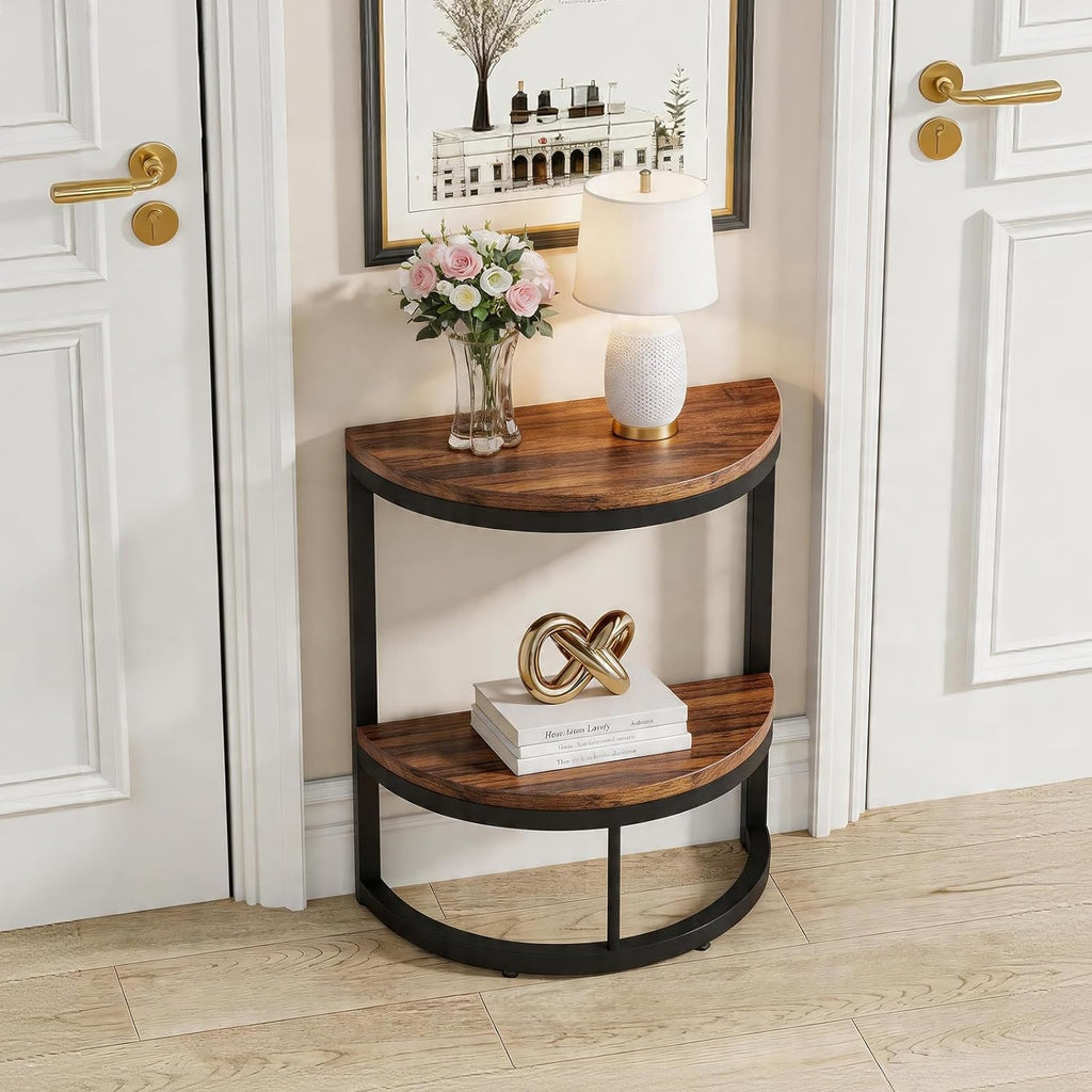 TooCust Half Round End Table for Living Room, 9.8" D x 19.7" W x 24" H, 2-Tier Small Half Circle Table with Storage Shelf, Half Moon Table with Metal Frame, Round Coffee Table for Couch, Bedroom