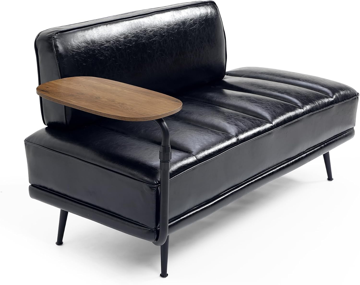 55" Modern Upholstered Bedroom Bench with Side Table - 360° Rotating Tray, PU Leather Cushion, Metal Legs for Living Room & Entryway (Black)