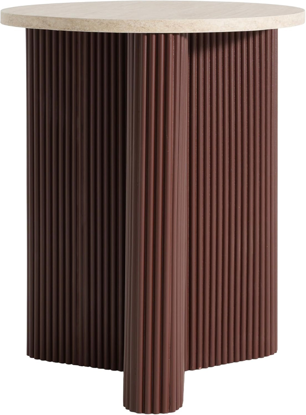 Merax Modern Round Side Table with Faux Marble Top & Brown Ribbed Base - Compact Round Coffee Table with Wooden Fluted Legs - 17.8" Accent End Table for Living Room & Bedroom, Brown