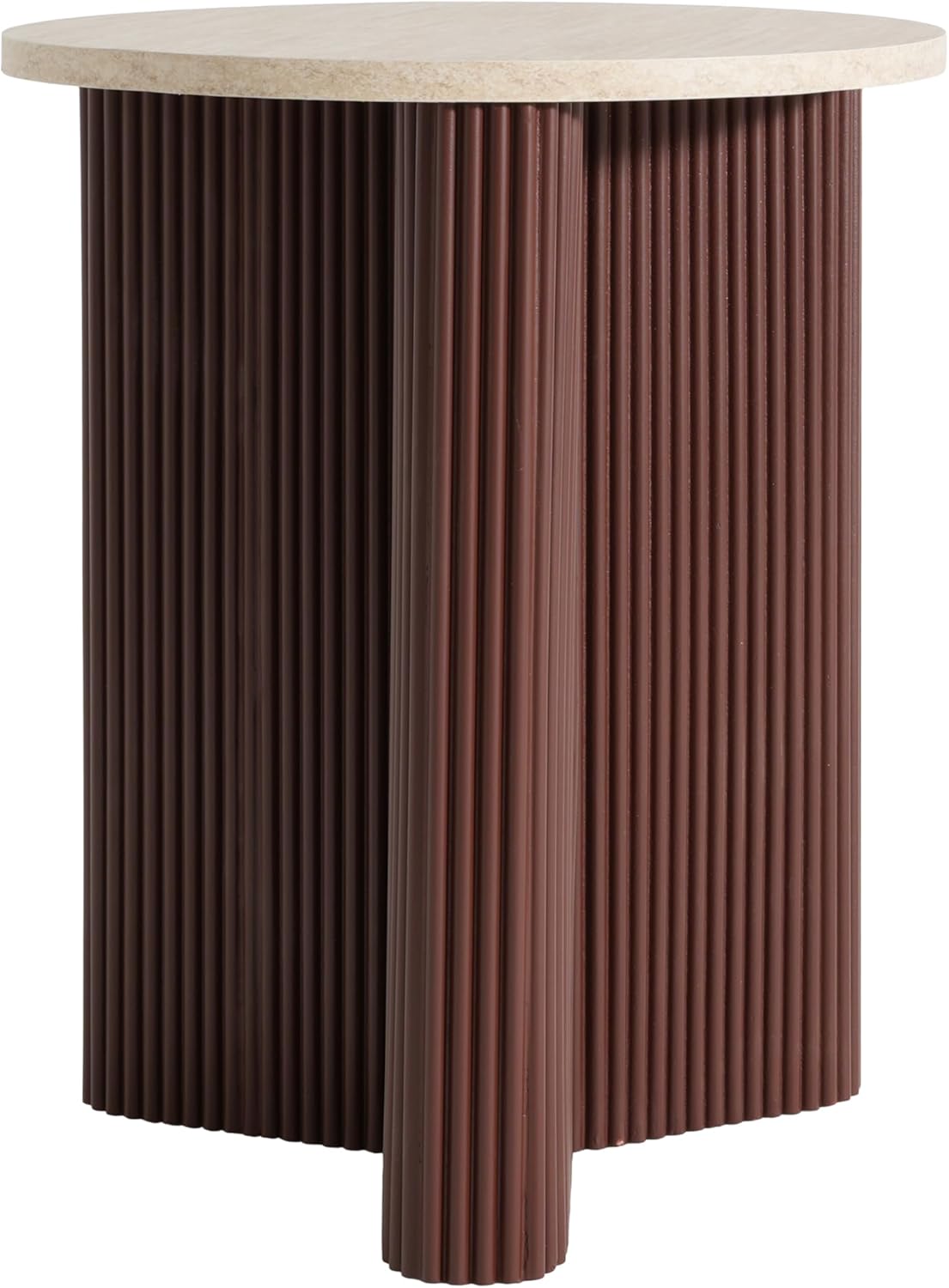 Merax Modern Round Side Table with Faux Marble Top & Brown Ribbed Base - Compact Round Coffee Table with Wooden Fluted Legs - 17.8" Accent End Table for Living Room & Bedroom, Brown