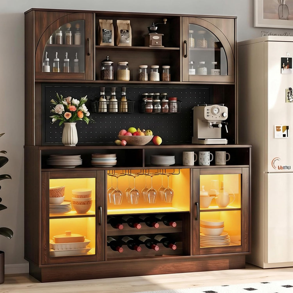 70.9" Tall Kitchen Pantry Cabinet with Outlet & LED Lights, 54.3" Wide Kitchen Storage Cabinet with Wine Rack, Farmhouse Coffee Bar Station with Pegboard, Buffet Sideboard (Brown)