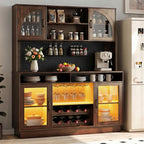 70.9" Tall Kitchen Pantry Cabinet with Outlet & LED Lights, 54.3" Wide Kitchen Storage Cabinet with Wine Rack, Farmhouse Coffee Bar Station with Pegboard, Buffet Sideboard (Brown)